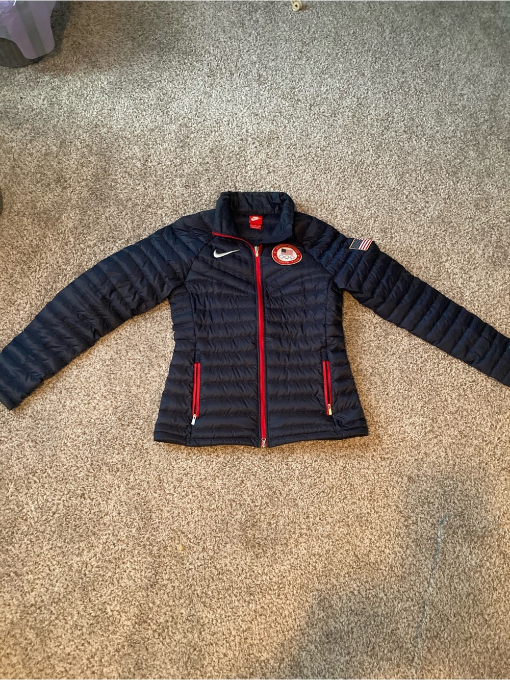 Nike Women's Navy Puffer Jacket with Red Trim and Team USA Patch